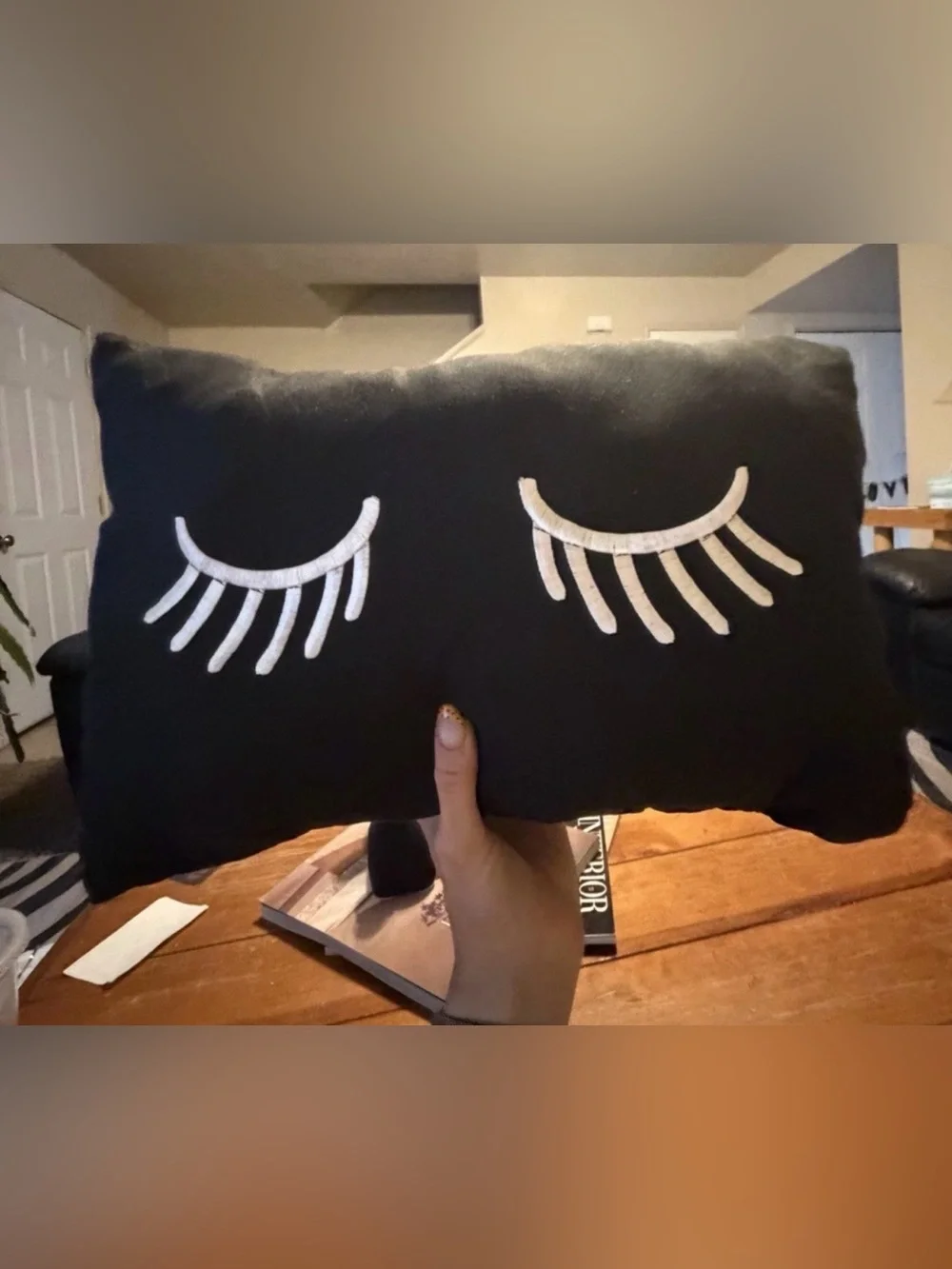 Rue21 Black Pillow with White Eyelash Embroidery